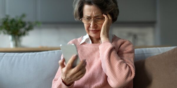 Older woman looking worried at her phone